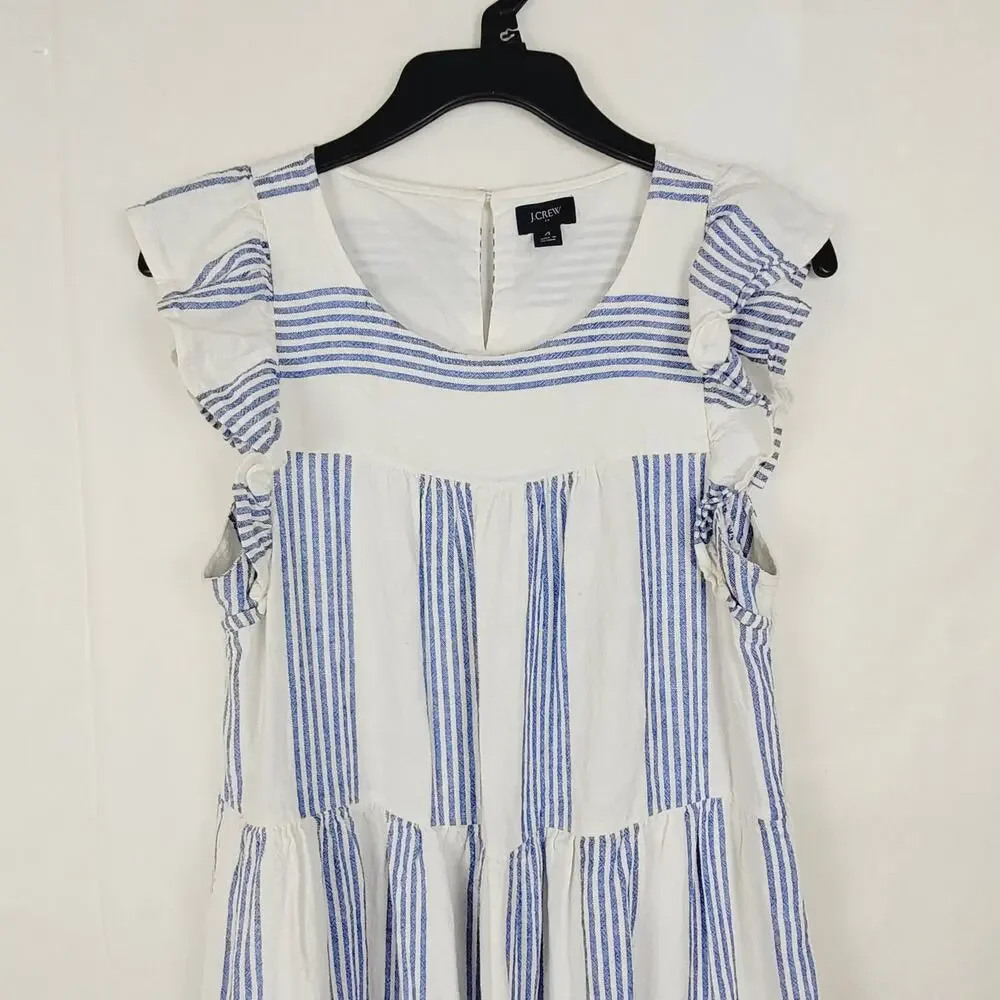 J.Crew linen blue striped ruffled sleeve babydoll dress SZ 4 resort coastal boho